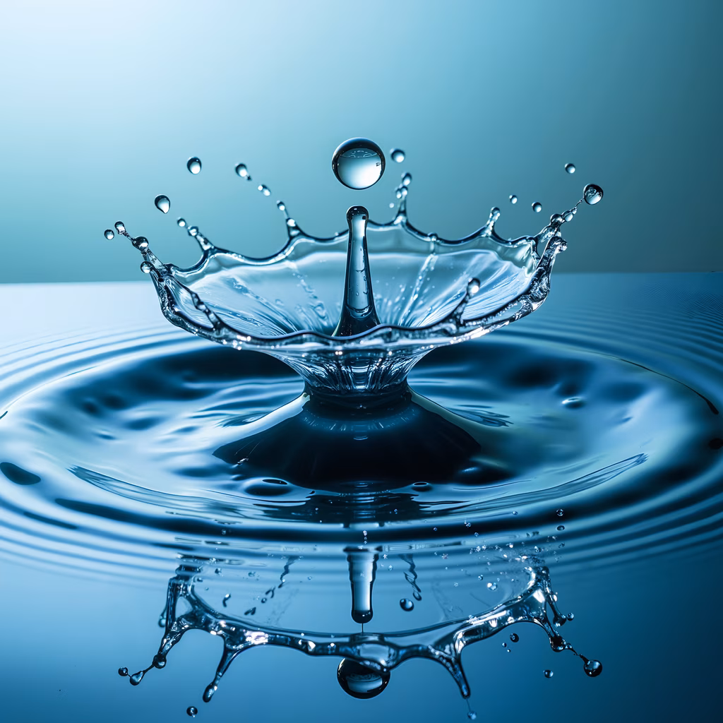 Dynamic water droplet splash captured in a cool blue tone, showcasing fluidity and transparency.