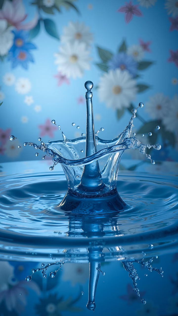 Dynamic water splash illustration with cool blue tones and floral background.