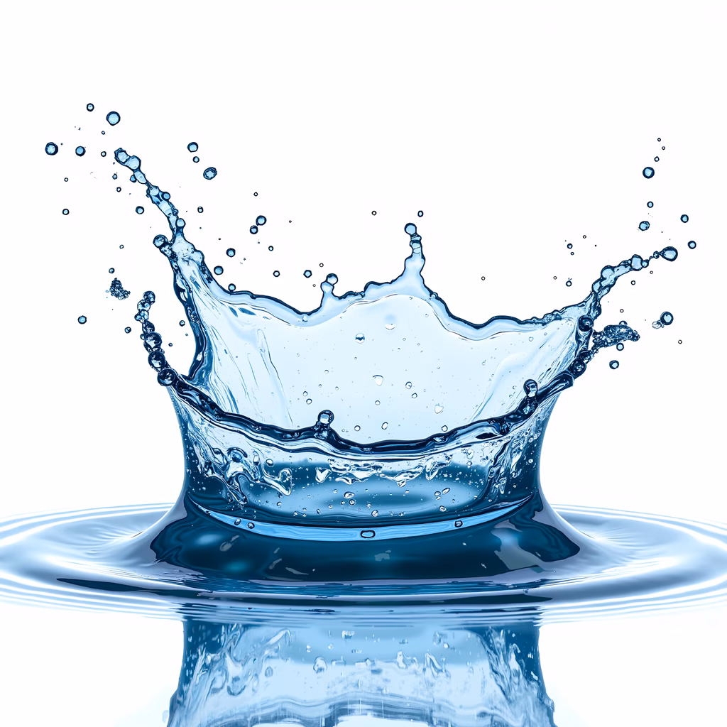 Dynamic water splash illustration featuring droplets and ripples in cool blue tones.