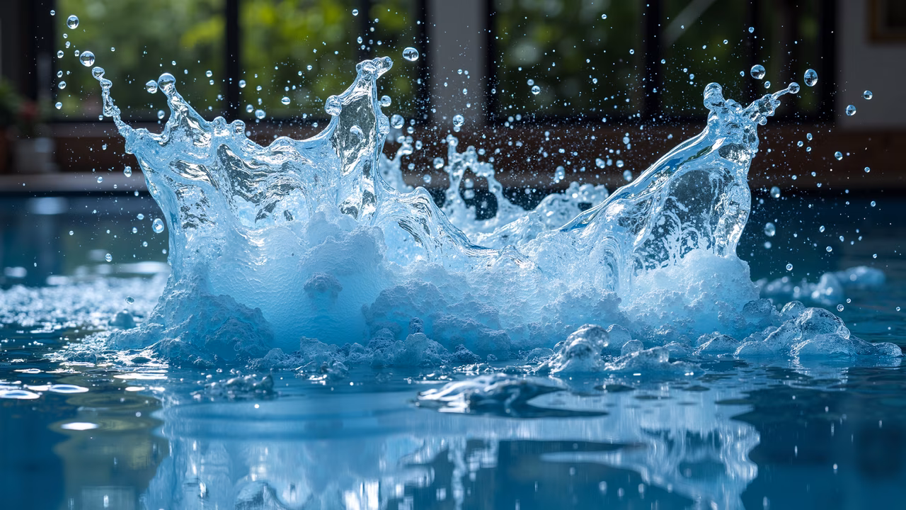 Dynamic water splash captured in vivid blue tones, reflecting energy and freshness.