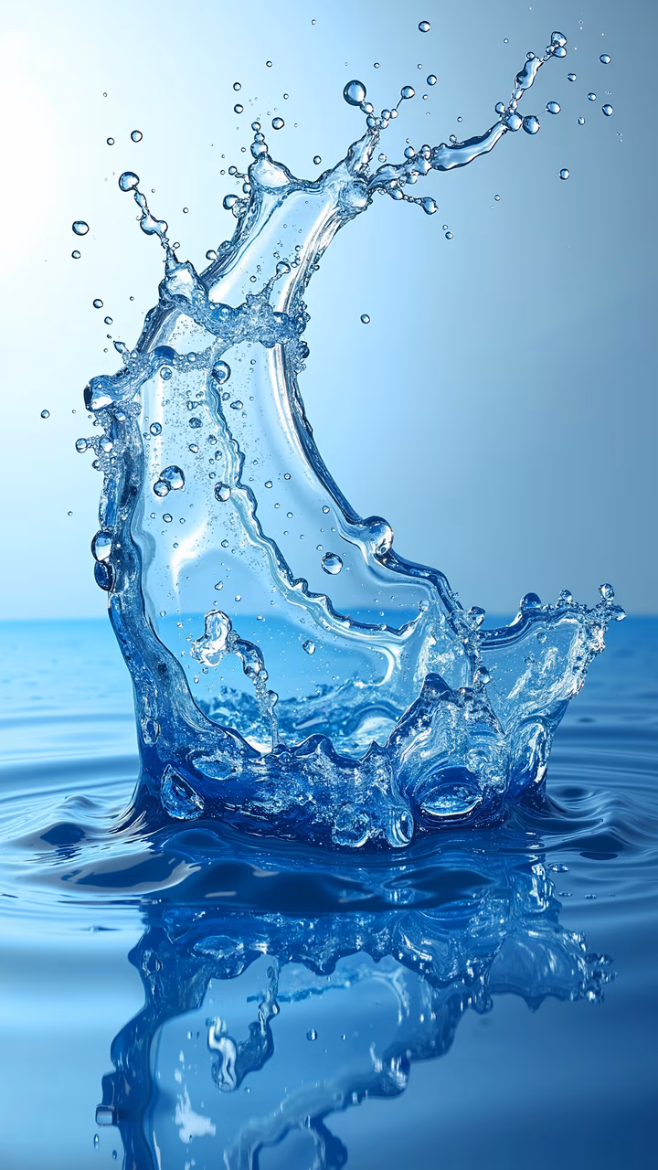 Dynamic water splashing captured in a realistic photo with droplets and ripples against a serene blue background.
