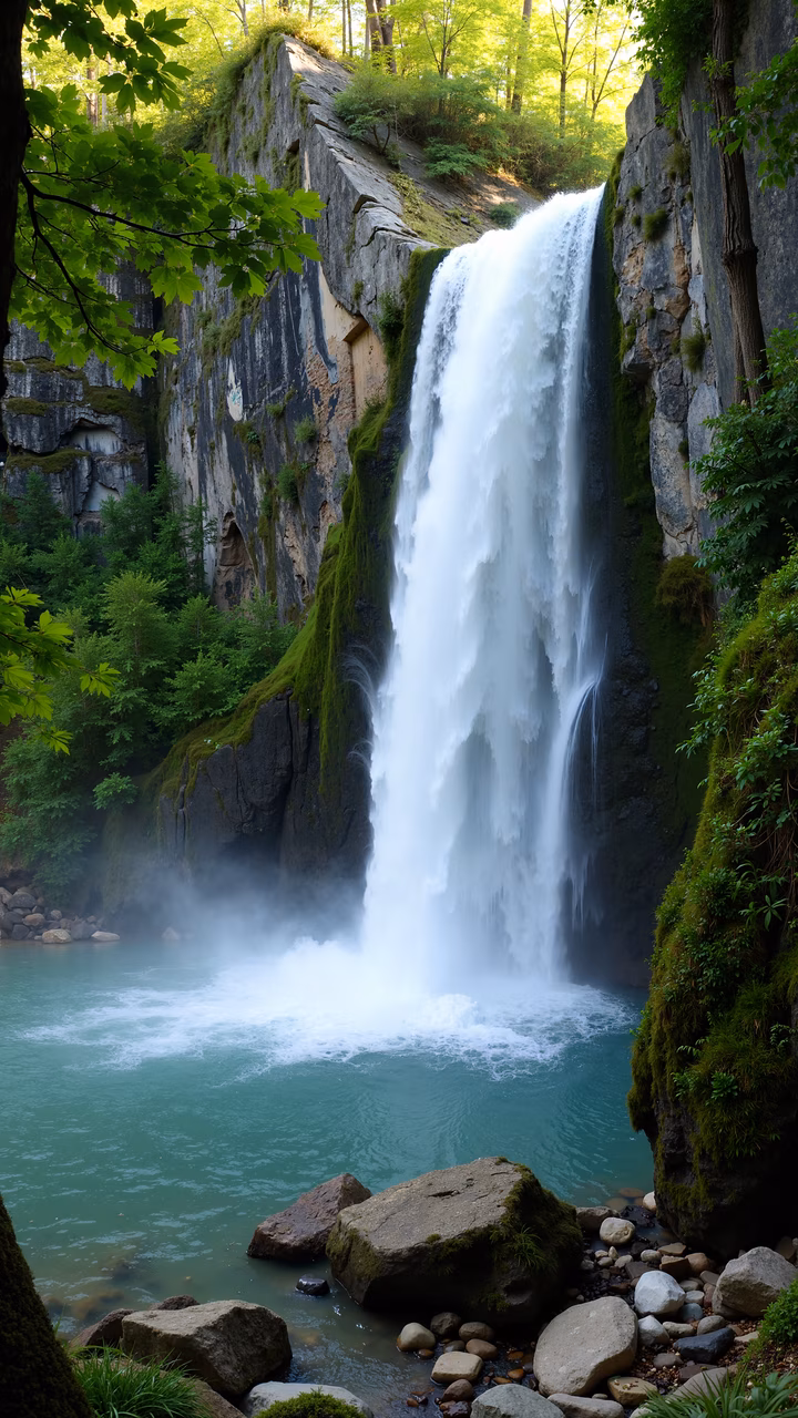 Majestic waterfall in a lush forest setting with turquoise water and soft natural light.