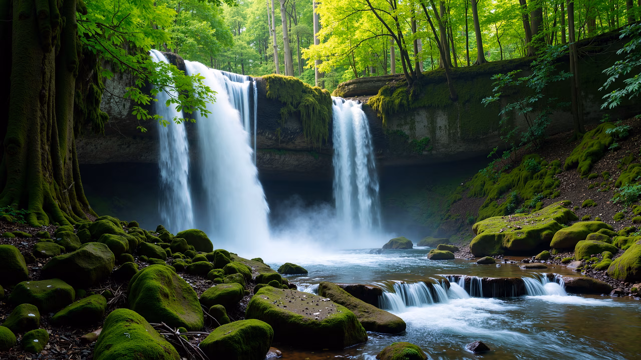 A stunning waterfall surrounded by a vibrant green forest, capturing the essence of nature's tranquility.