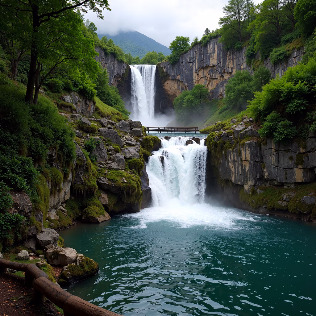 A stunning waterfall in a lush forest setting with vibrant turquoise water and a wooden bridge.