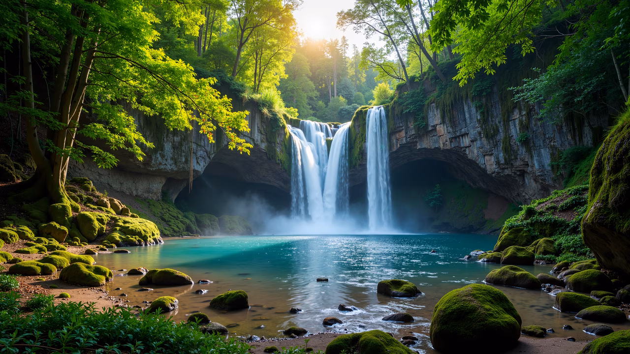 A peaceful waterfall in a verdant forest, featuring vibrant greens and cool blues, creating a tranquil and refreshing atmosphere.