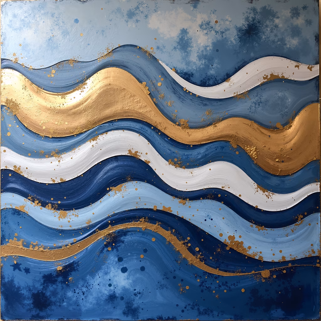 Abstract waves in gold and blue, luxurious accents, serene atmosphere