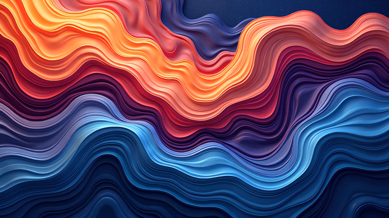 Vibrant abstract illustration with flowing wavy lines in warm and cool tones, dynamic and energetic.