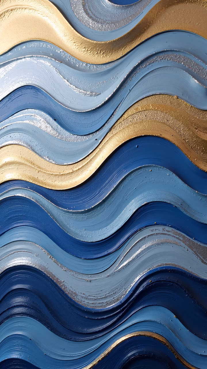 Mesmerizing abstract artwork with wavy blue and gold lines, creating depth and movement.