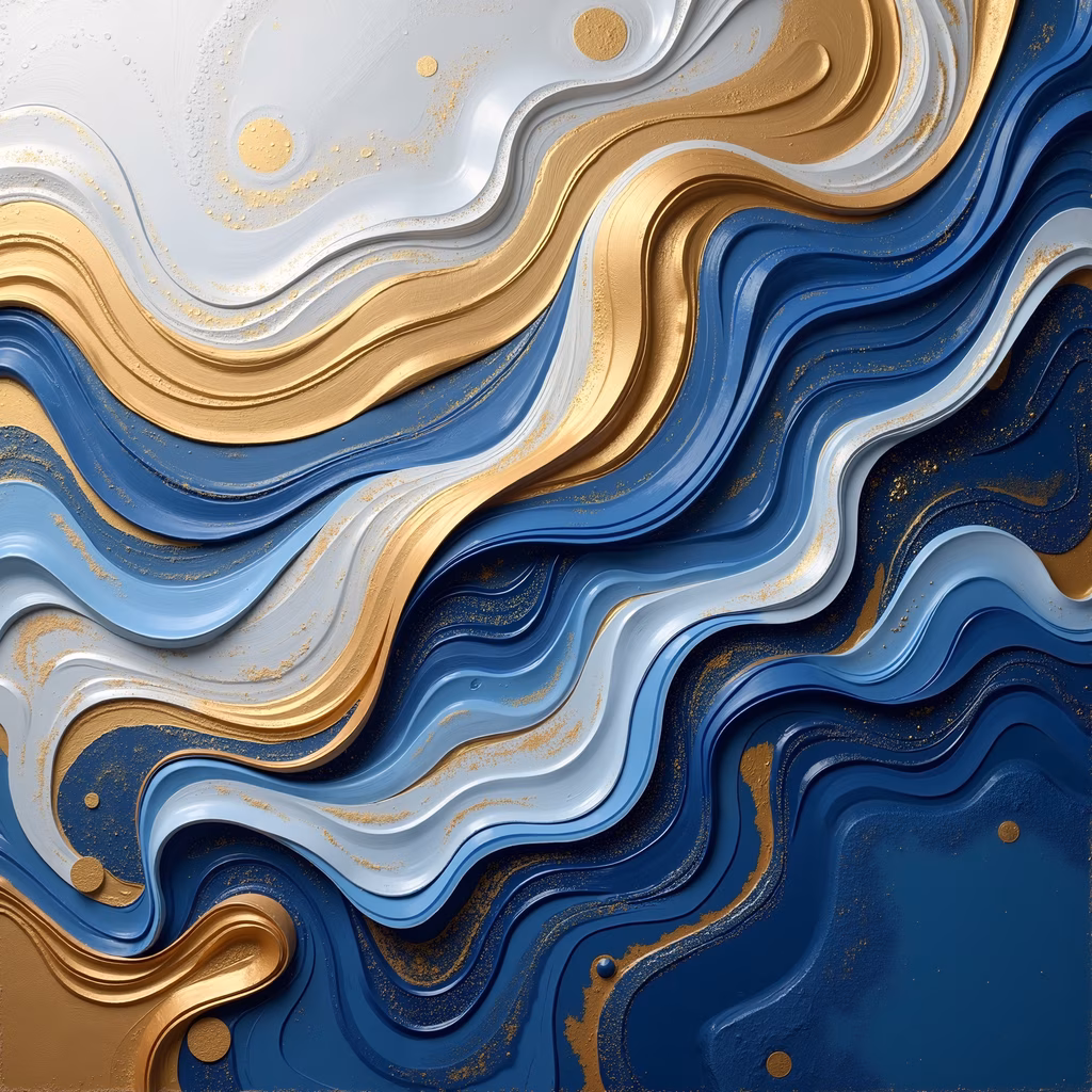Abstract art featuring swirling waves of gold and blue, creating a dynamic and elegant composition.