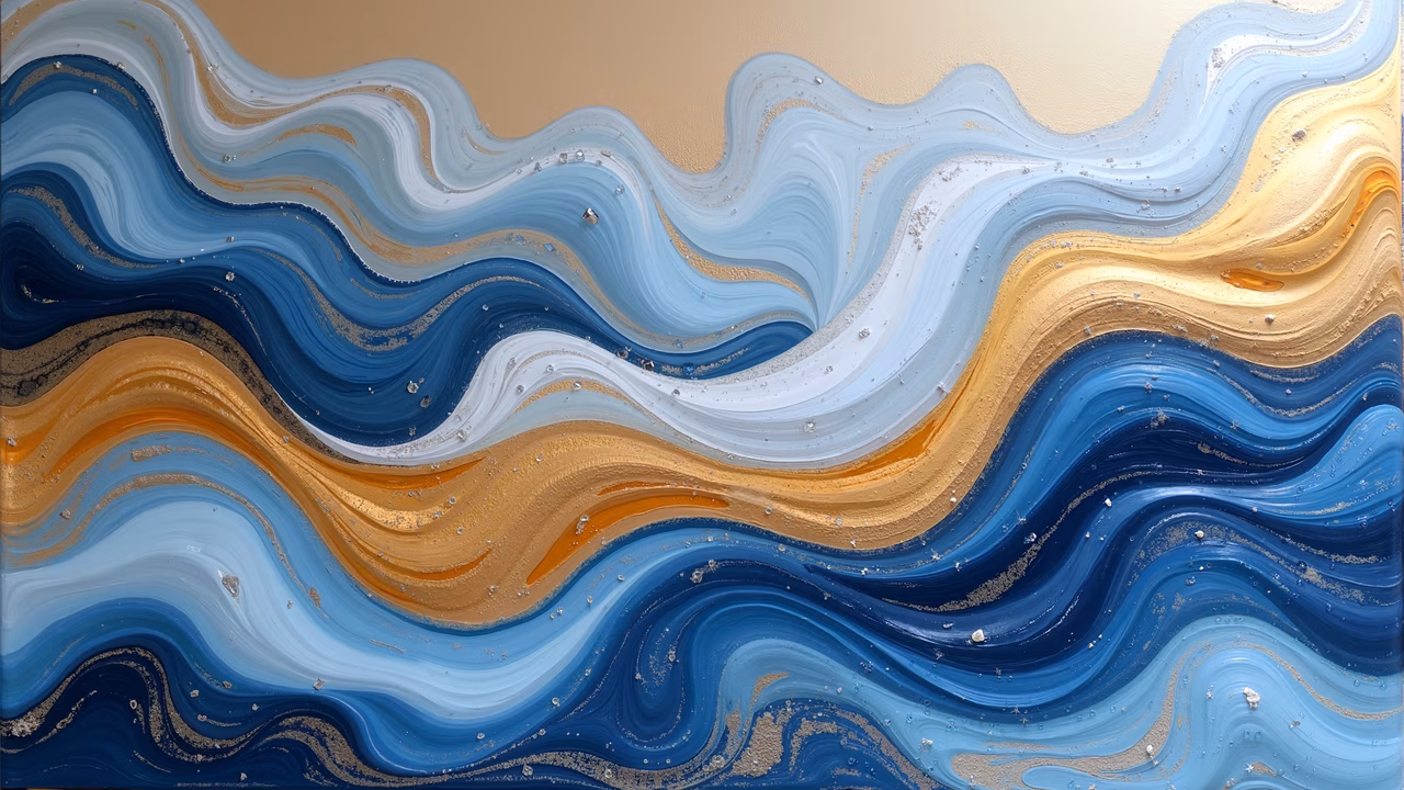 Abstract ocean waves in vibrant blue and gold hues, dynamic and fluid composition