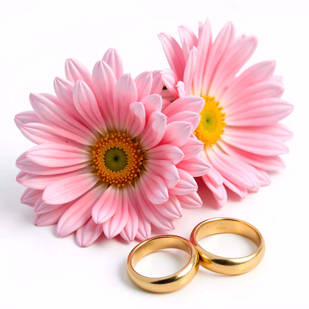 Golden wedding rings and pink flowers create a romantic scene.