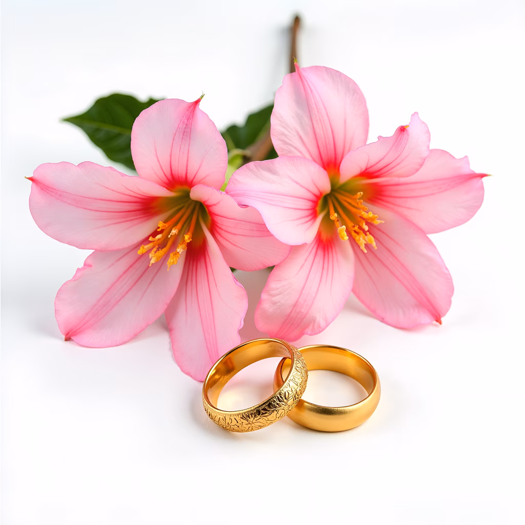 Golden wedding rings and pink flowers create a romantic scene.
