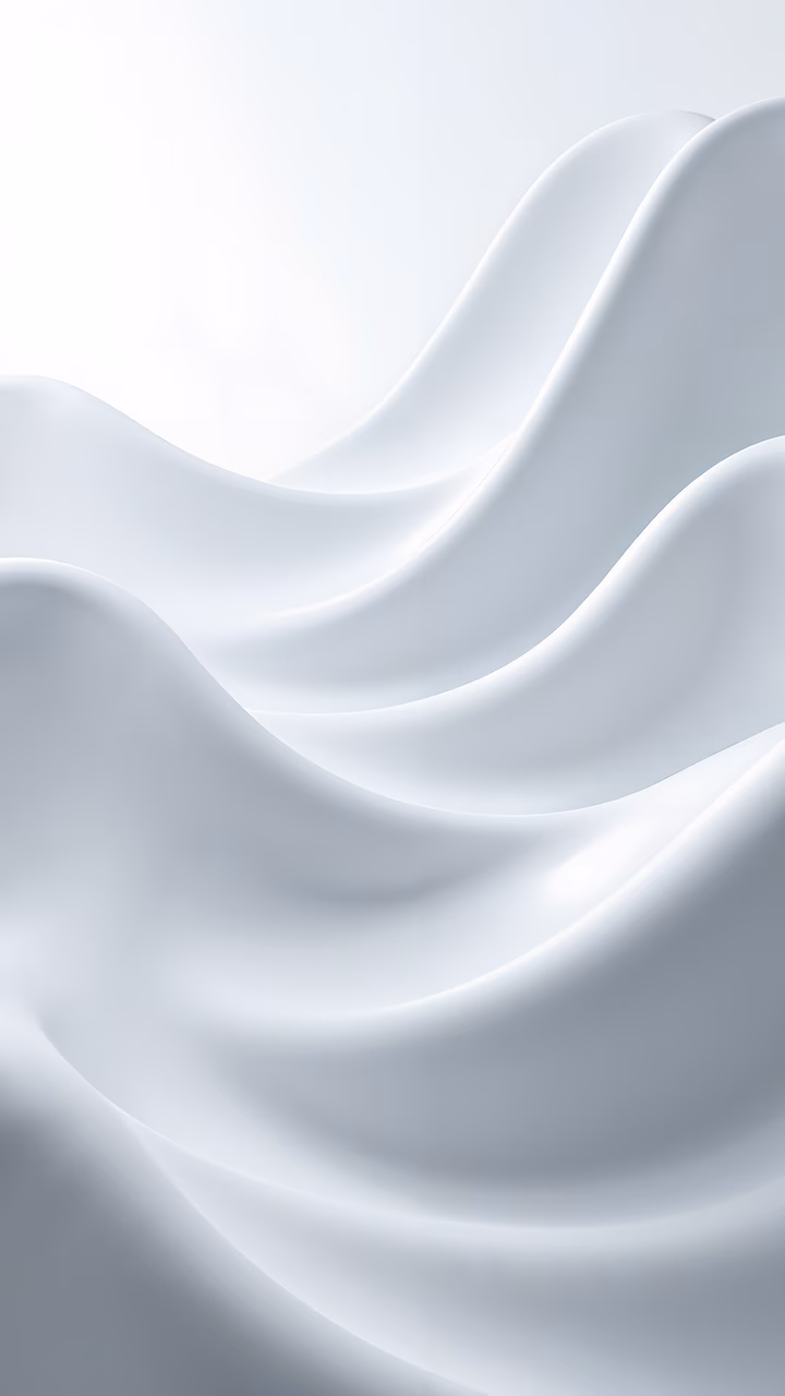 Smooth, flowing waves in shades of white and light gray create a serene and ethereal atmosphere.
