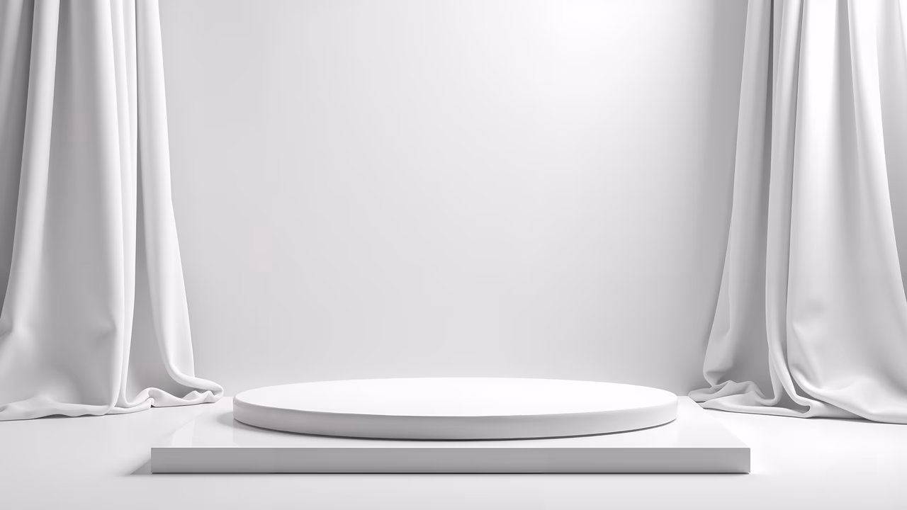 Minimalist white stage with flowing curtains, perfect for product displays or event settings.