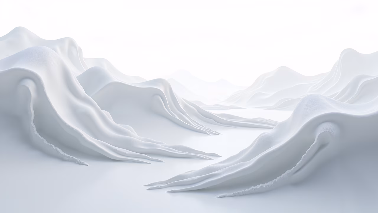 Smooth, flowing white waves create a serene and ethereal abstract landscape.