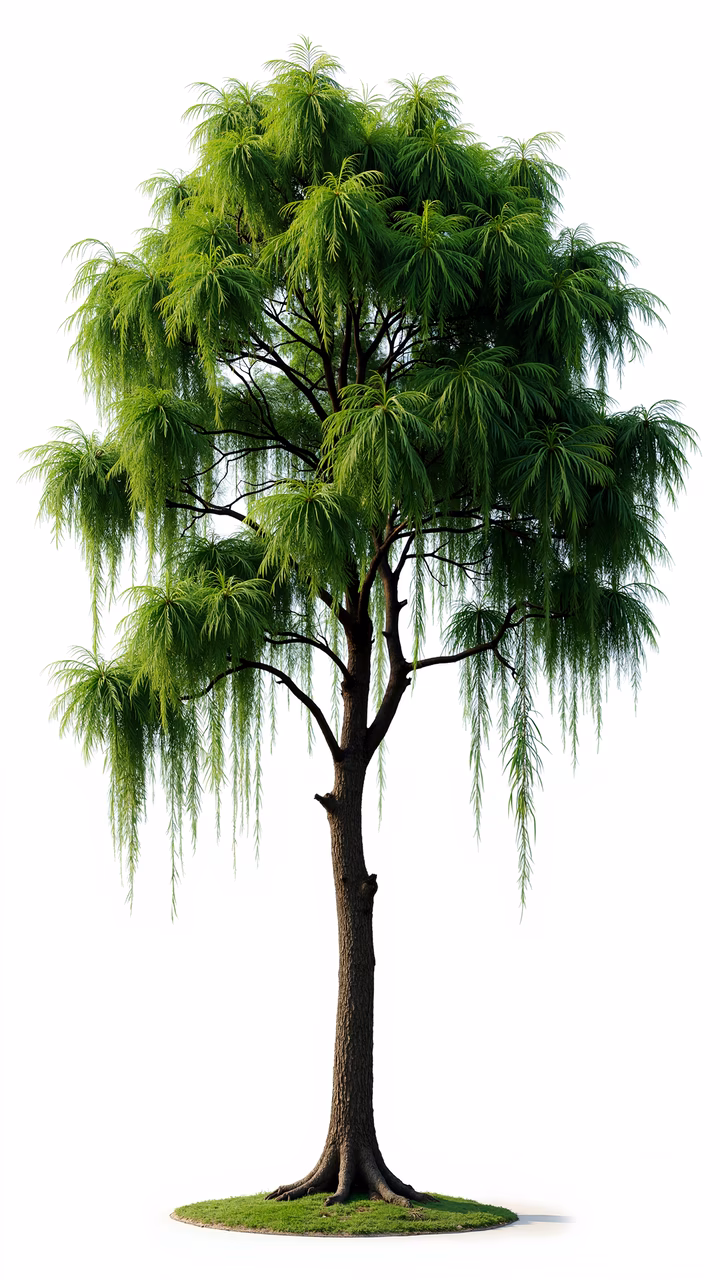 Realistic illustration of a willow tree with vibrant green leaves and cascading branches, set against a plain white background.