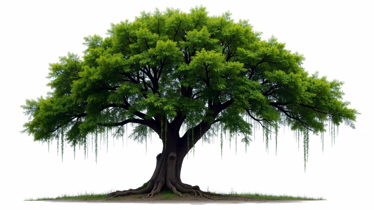 A detailed illustration of a willow tree with vibrant green leaves and drooping branches, set against a plain white background.