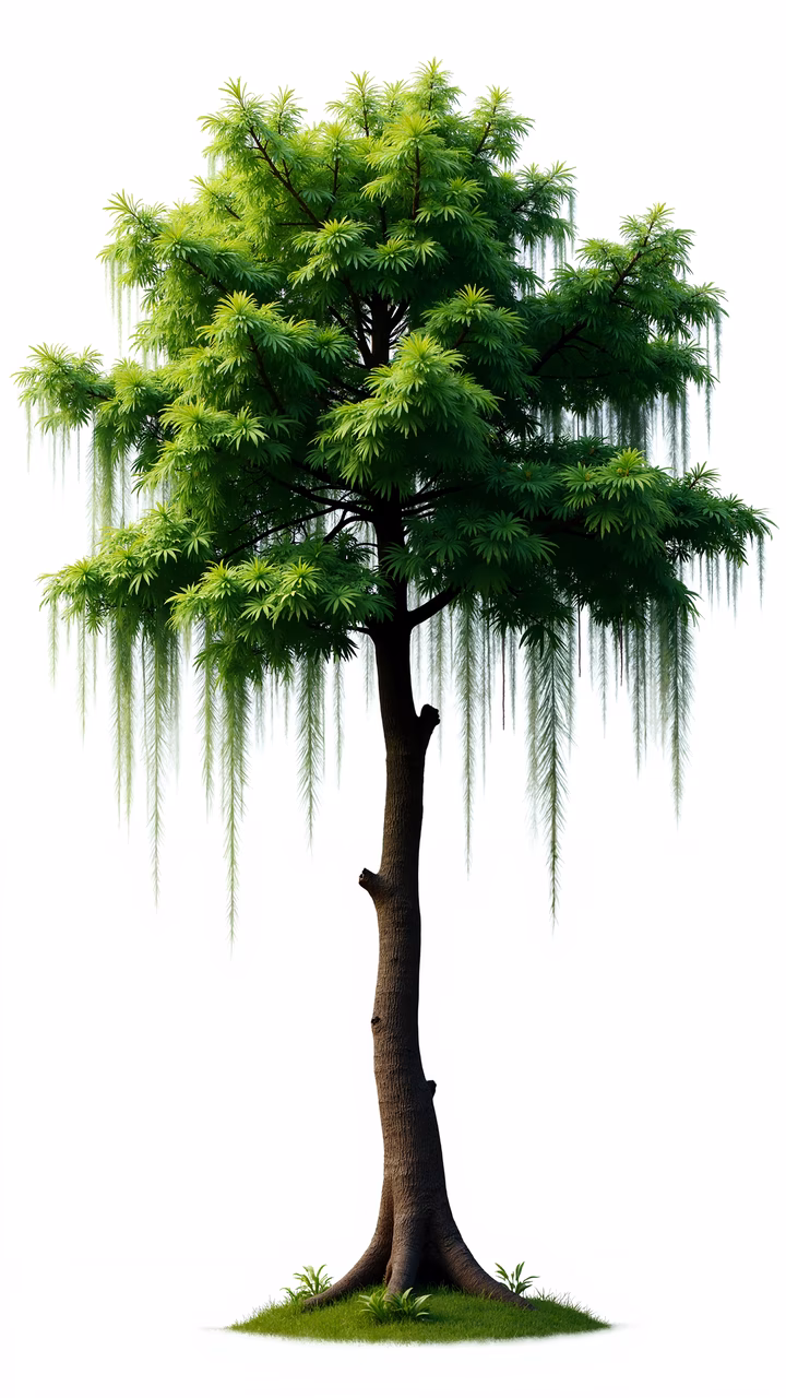 A detailed illustration of a willow tree with vibrant green leaves and drooping branches, set against a plain white background.