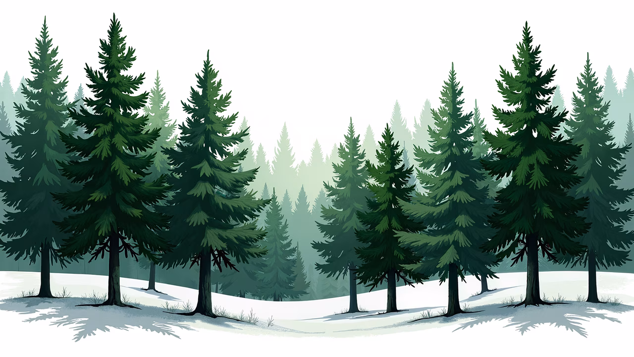 A peaceful winter forest scene with tall evergreen trees and pristine white snow, minimalist yet detailed.