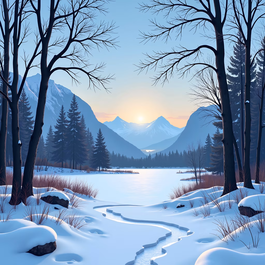 A tranquil winter landscape with snow-covered trees and mountains, bathed in soft pastel hues.