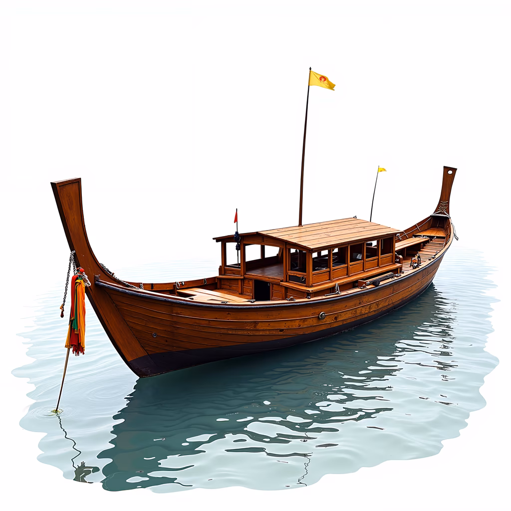 Traditional wooden boat illustration with vibrant accents and serene waters.