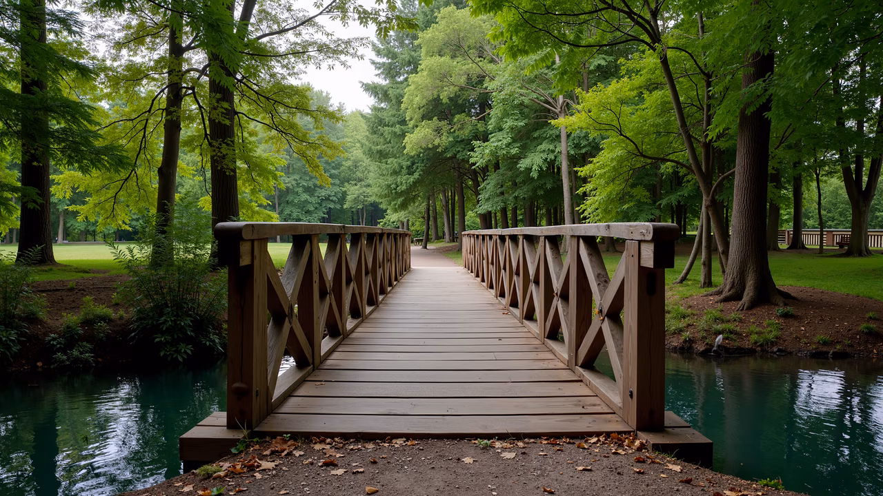 A wooden bridge over a pond in a lush park setting, perfect for relaxation and contemplation.