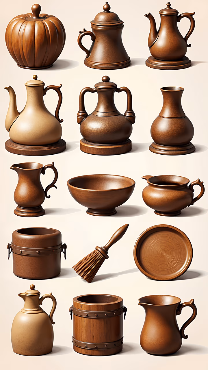 A collection of wooden kitchenware with detailed textures and realistic shading.
