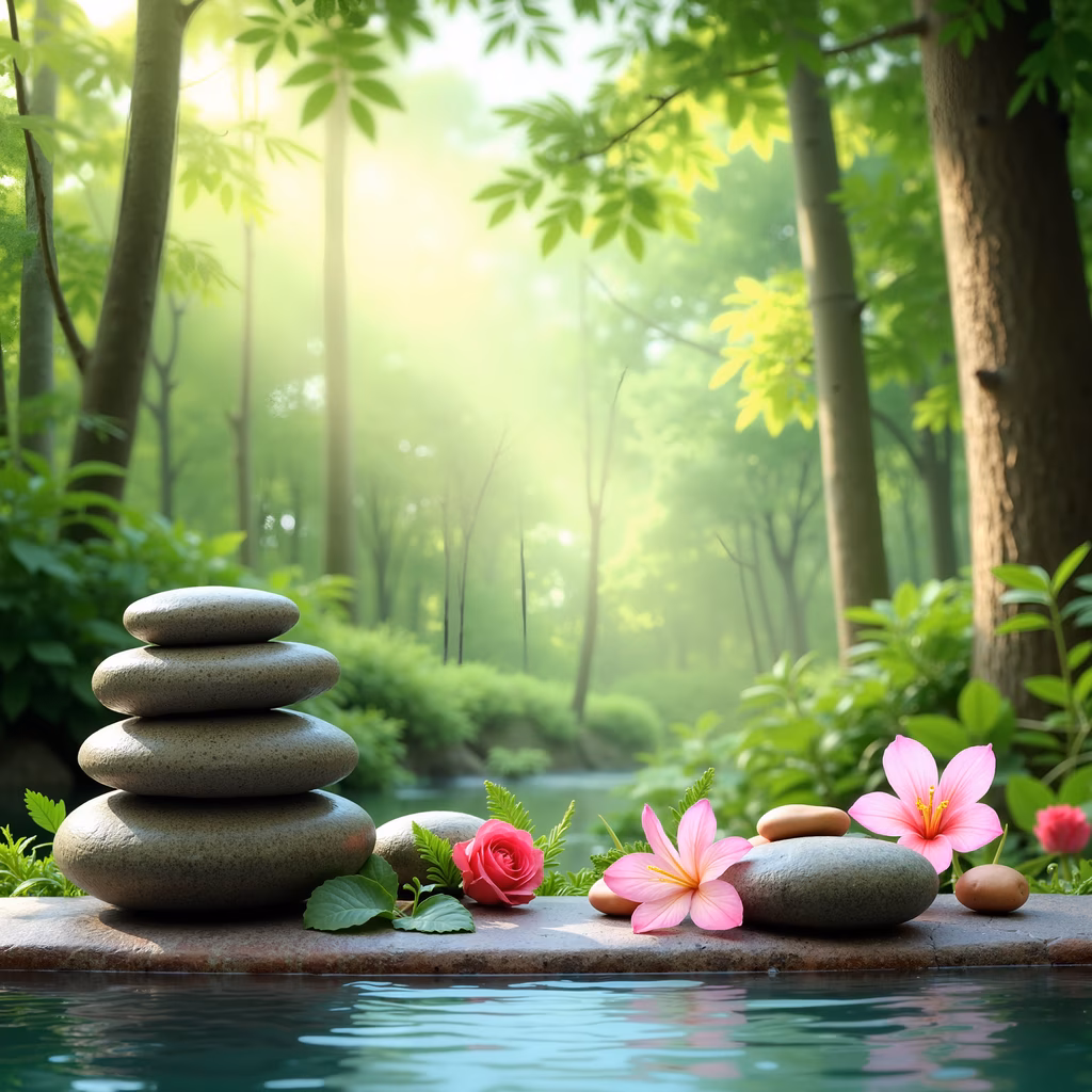 A peaceful Zen garden scene with balanced stones and vibrant pink flowers.