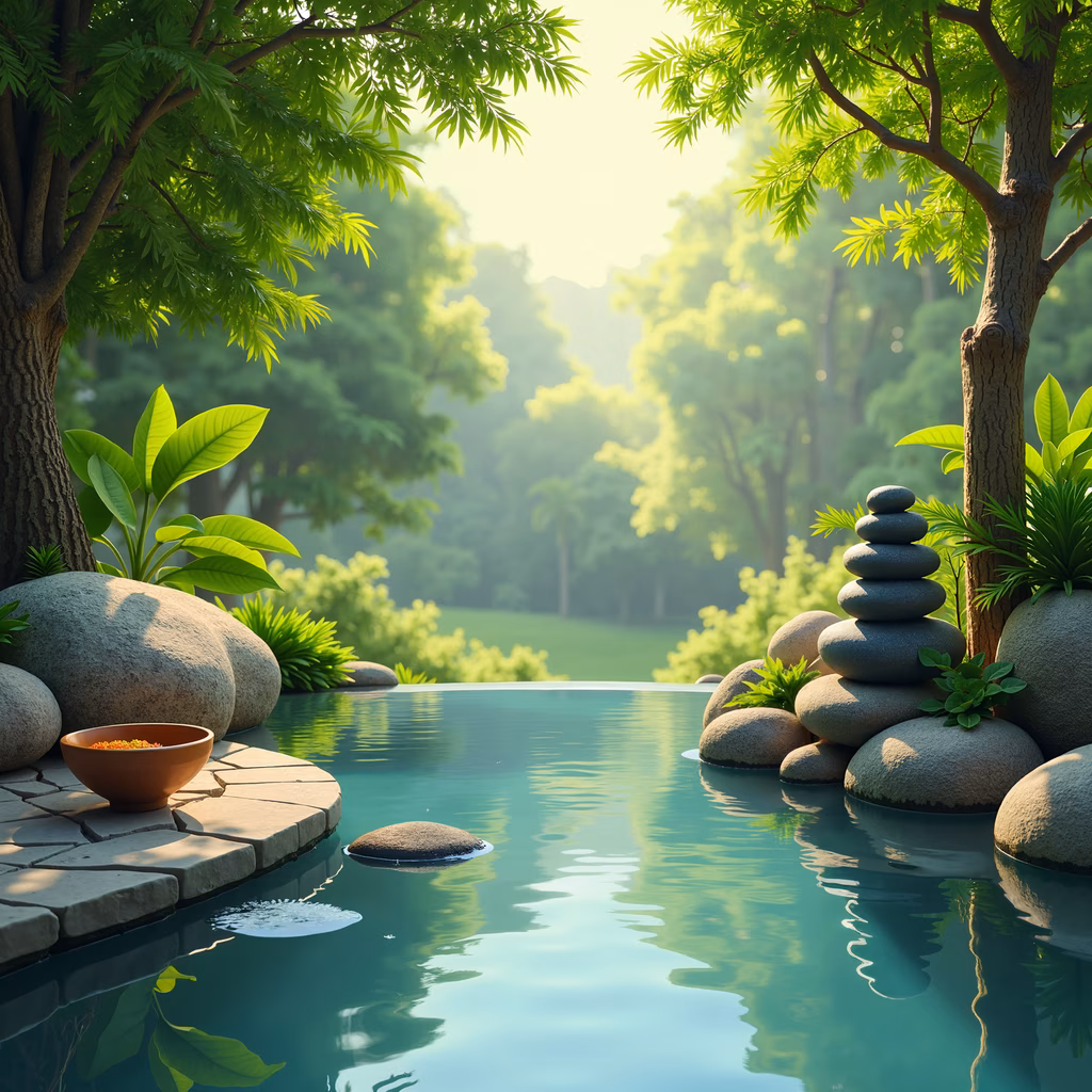 A tranquil Zen garden pool surrounded by lush greenery and balanced stones, bathed in soft, natural light.