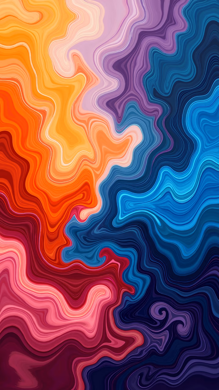 Vibrant abstract illustration with swirling waves of warm and cool colors, dynamic and fluid composition, bold strokes, and gradients.