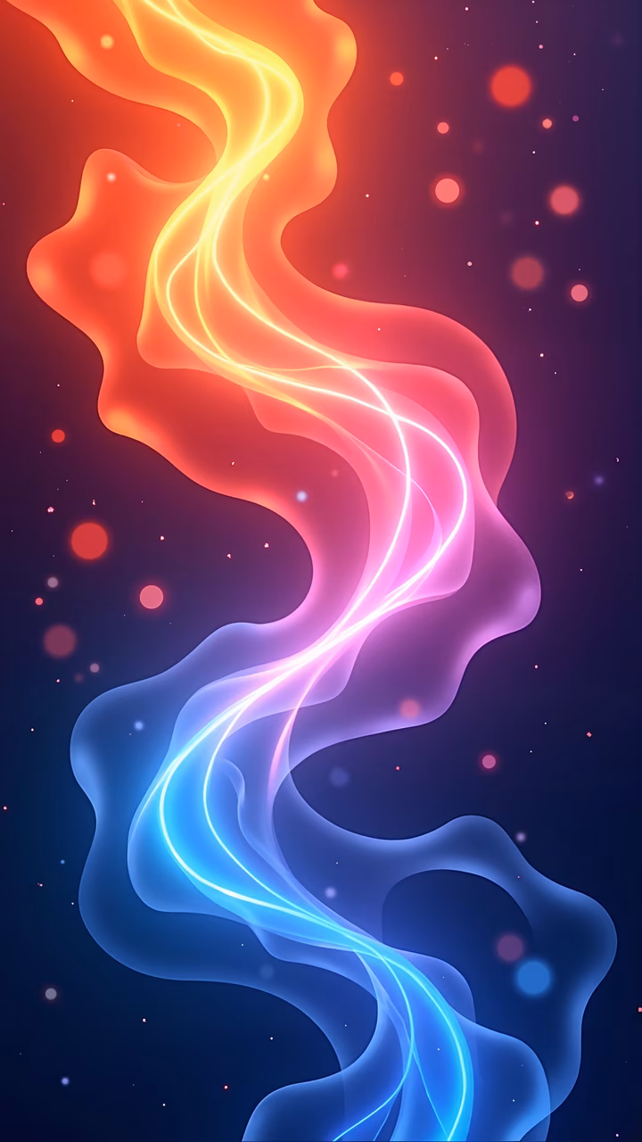 Vibrant abstract flames illustration with fluid lines and glowing particles.