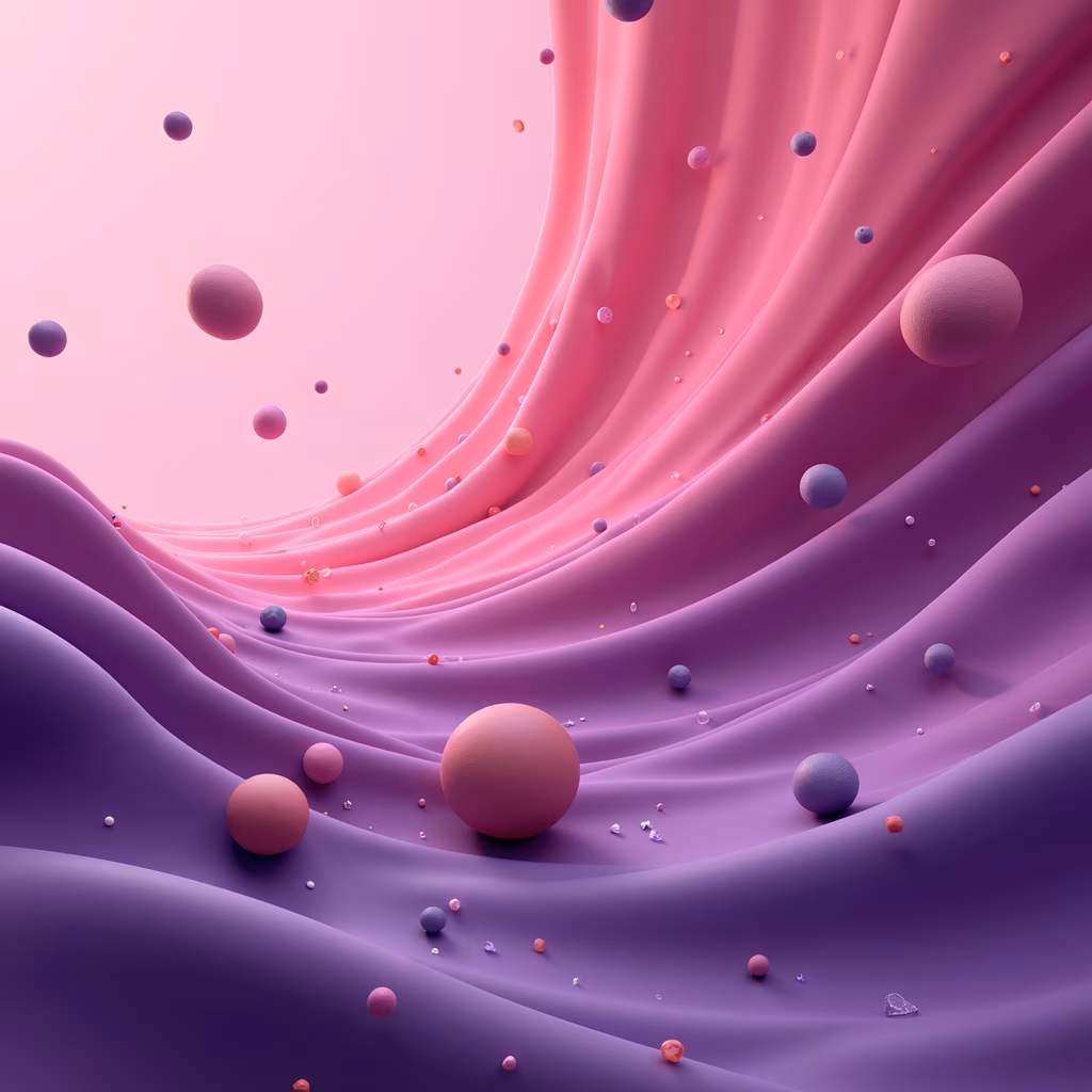 Abstract landscape with flowing waves and colorful spheres, creating a dreamy and whimsical atmosphere.