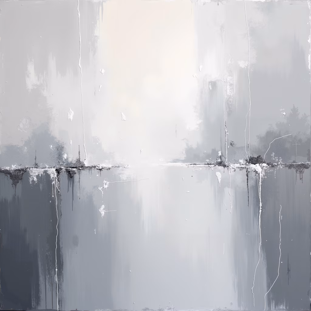 Monochromatic abstract landscape painting with vertical streaks and drips, evoking tranquility and depth.