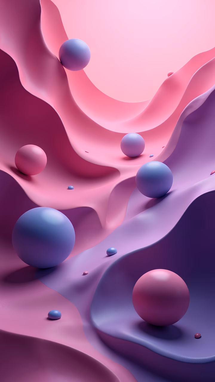 Abstract landscape with flowing shapes and spheres in soft pink and purple tones.
