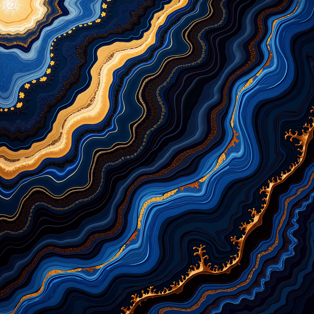 Abstract marble illustration with deep blues and golds, creating a mesmerizing and elegant effect.