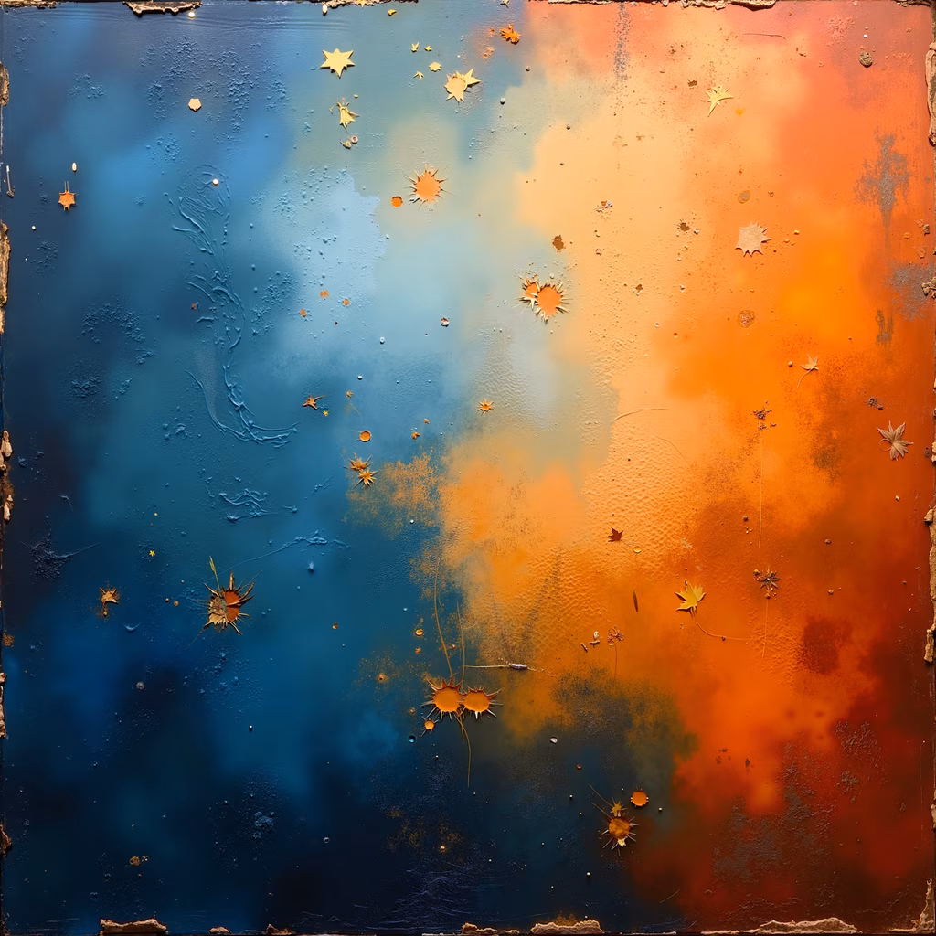 Abstract painting with stars and leaves, blending deep blue and vibrant orange hues, creating a striking contrast and evoking mystery and tranquility.