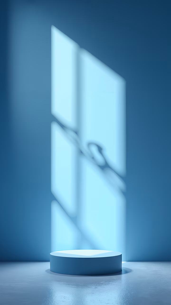 Minimalist abstract sculpture in soft blue tones, illuminated from behind, casting a gentle shadow.