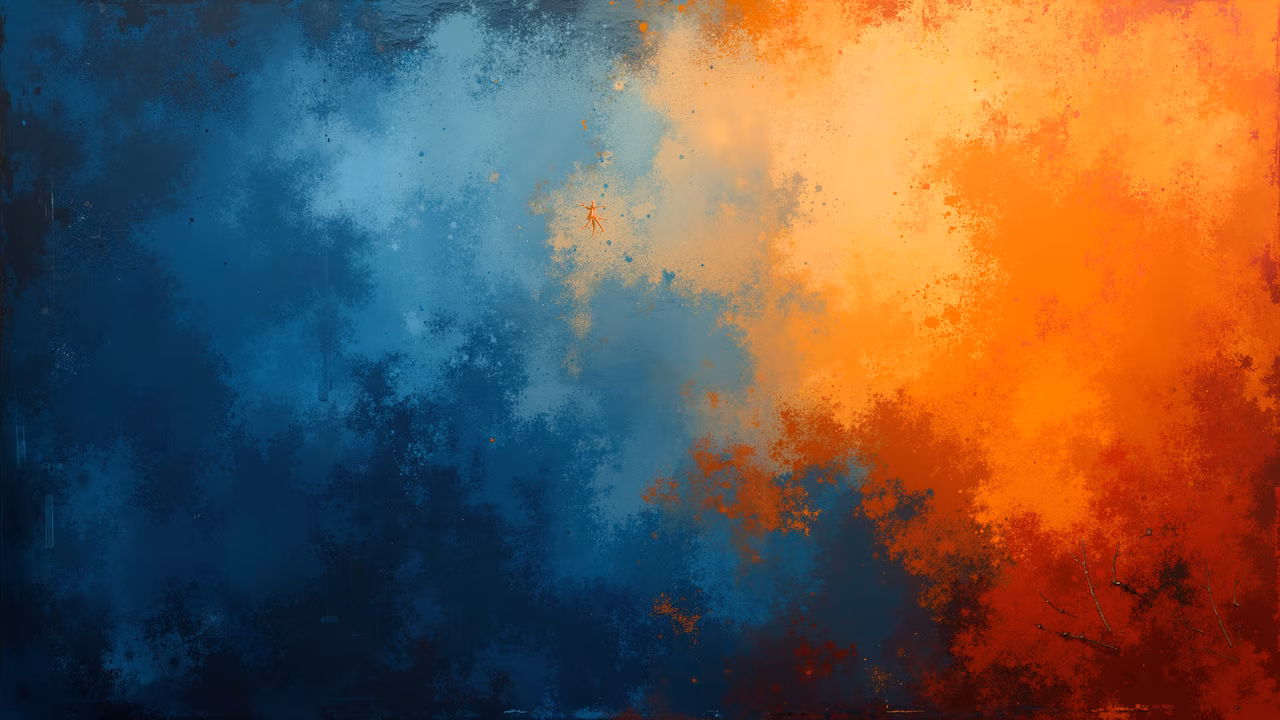 Dynamic abstract painting with contrasting blue and orange hues, creating a sense of movement and energy.