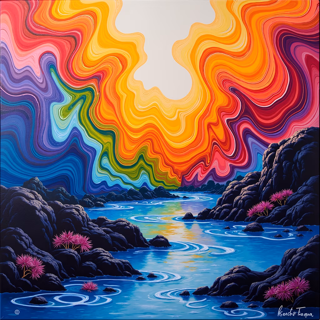 Vibrant abstract sunset illustration with swirling colors and dynamic brushstrokes.