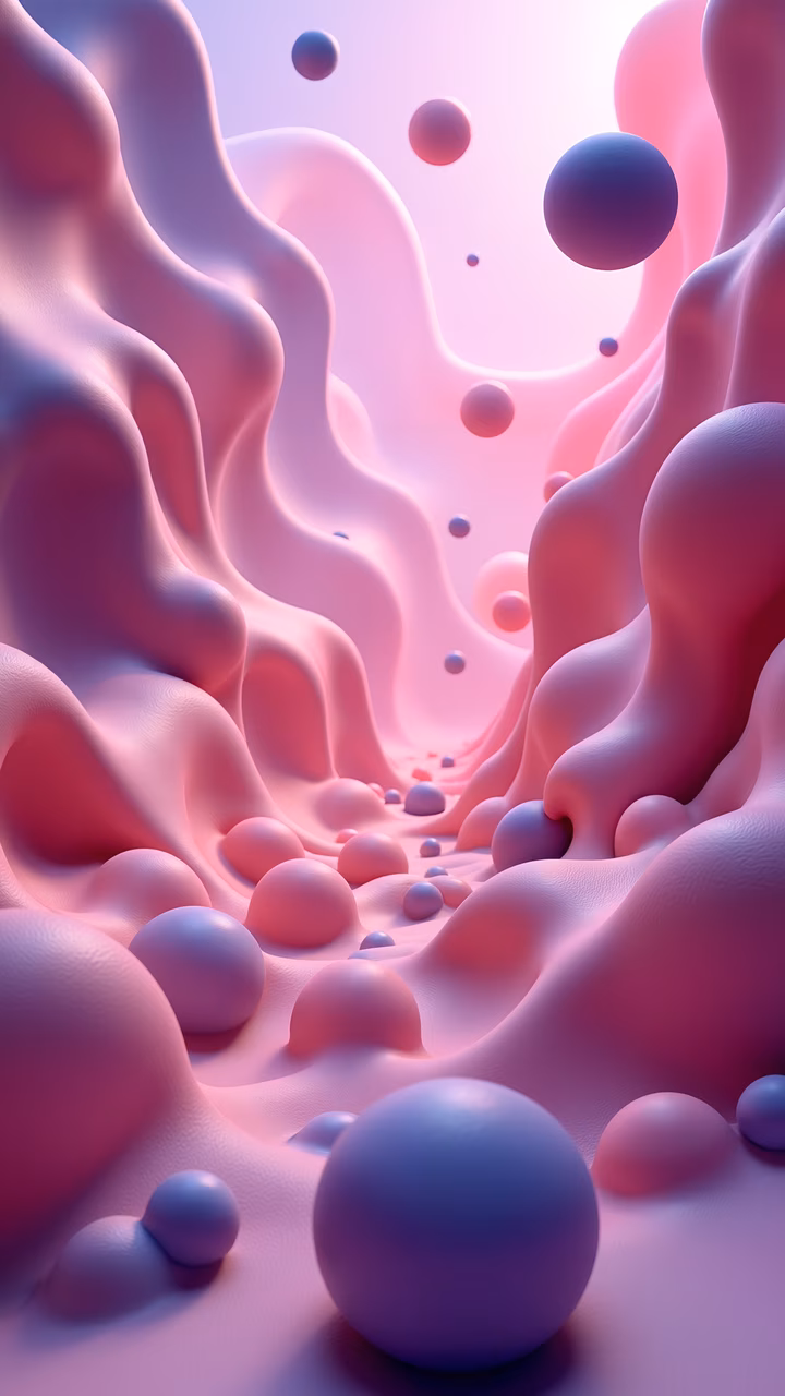 Smooth, flowing tunnel with scattered spheres in shades of pink and purple, creating an intriguing visual journey.