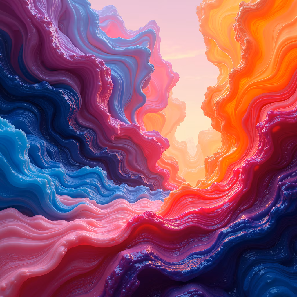 Vibrant abstract waves in an illustration style, featuring dynamic movement and depth.