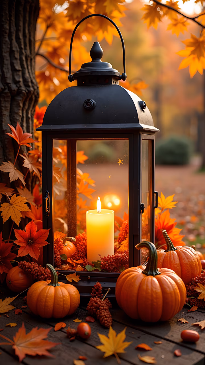 Autumn lantern with candles and pumpkins, warm autumn colors, cozy atmosphere