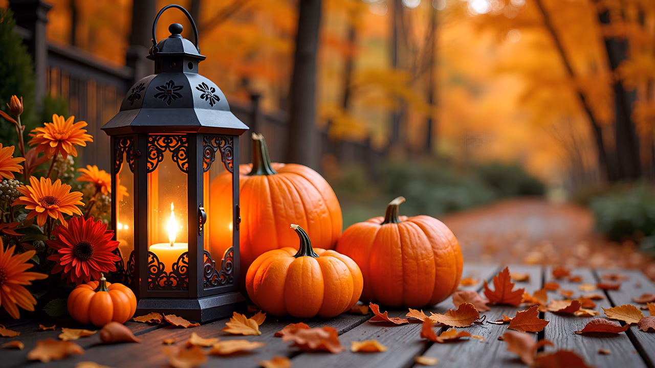 Warm autumn lantern, pumpkins, flowers, cozy, festive