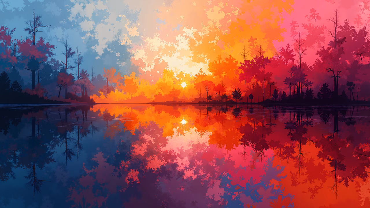 Vibrant autumn landscape with trees reflecting on a calm lake, transitioning from cool blues to warm oranges.
