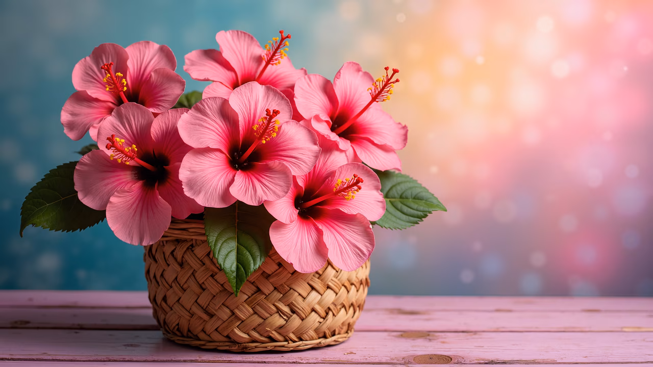 Vibrant pink hibiscus flowers in a woven basket on a gradient background.