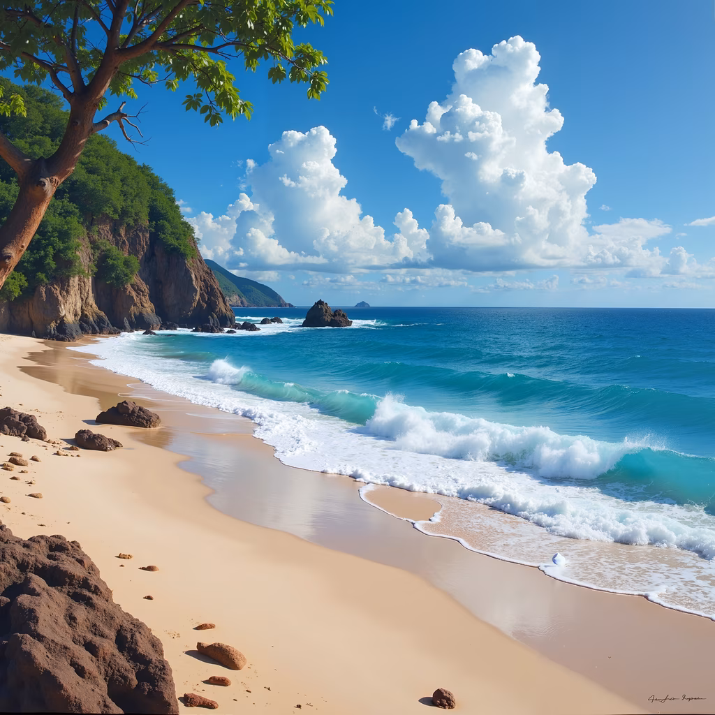 A picturesque beach with soft sand, gentle waves, and rugged cliffs under a bright blue sky with fluffy clouds.
