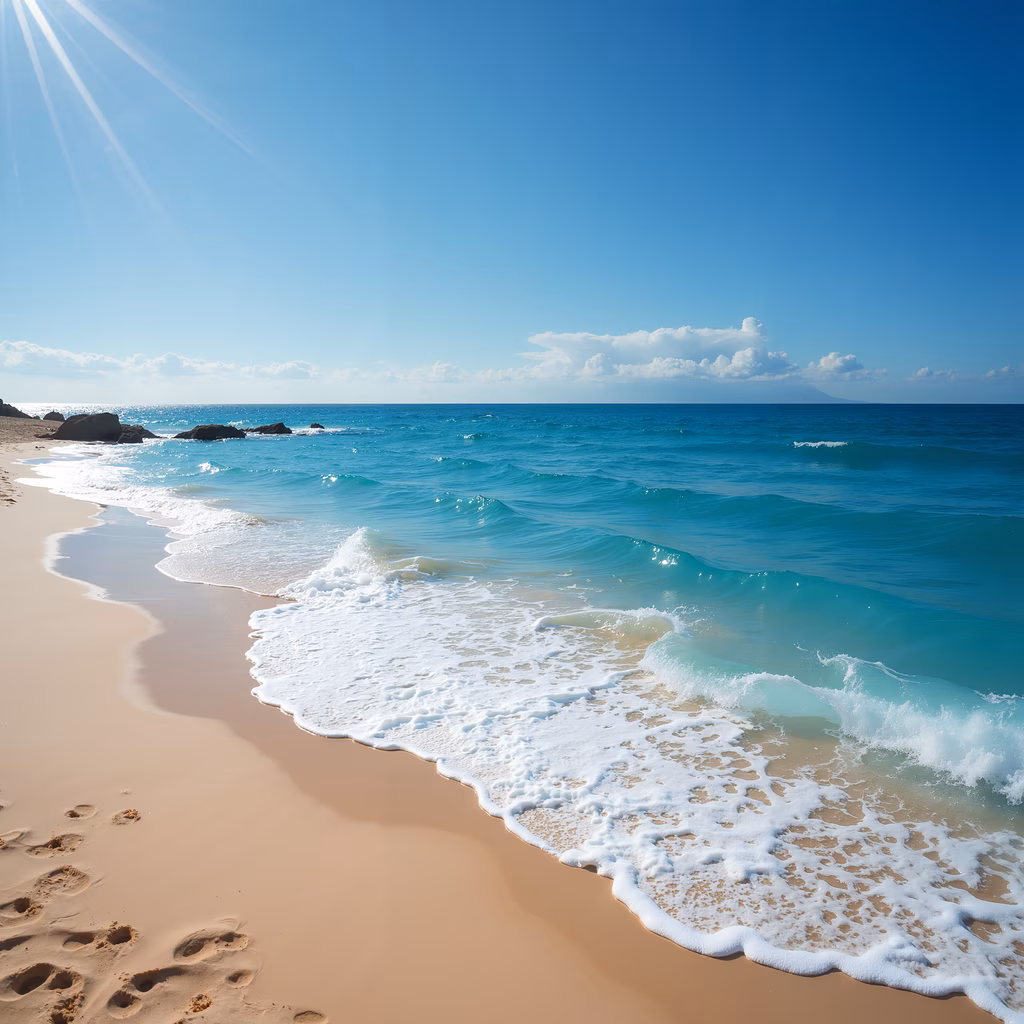 A peaceful beach with golden sand and turquoise waters under a clear blue sky.