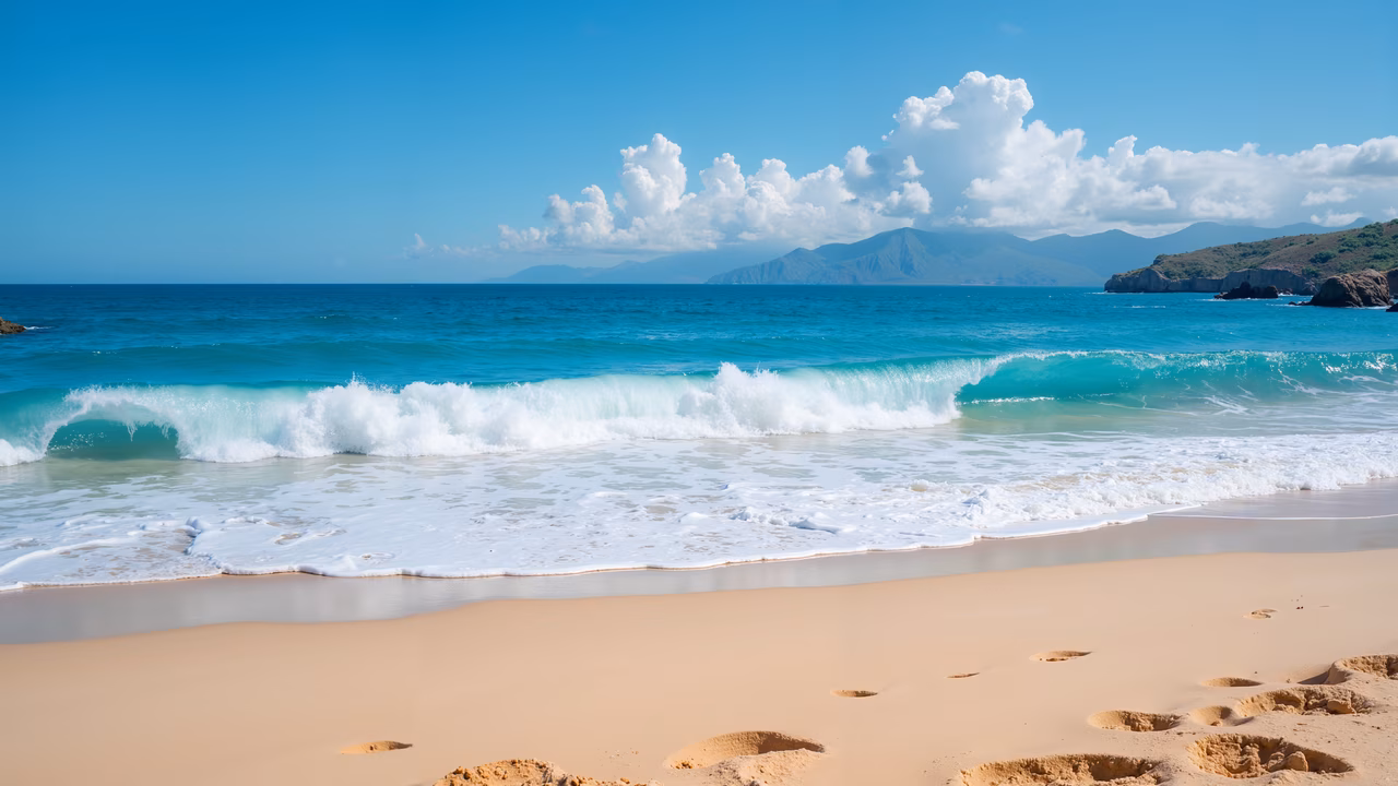 A peaceful beach with waves and sandy shores under a clear blue sky.