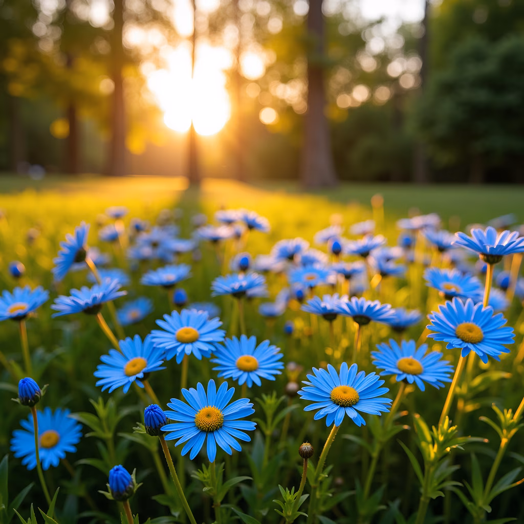 Vibrant blue flowers at sunset, nature photography