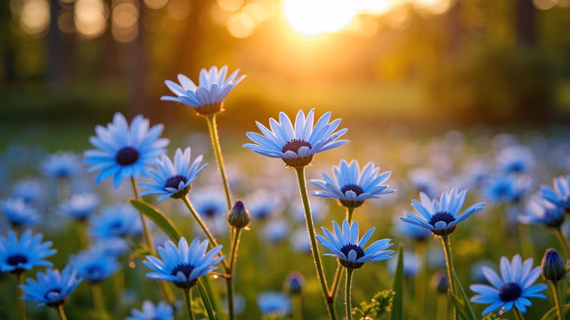 Blue Flowers at Sunset